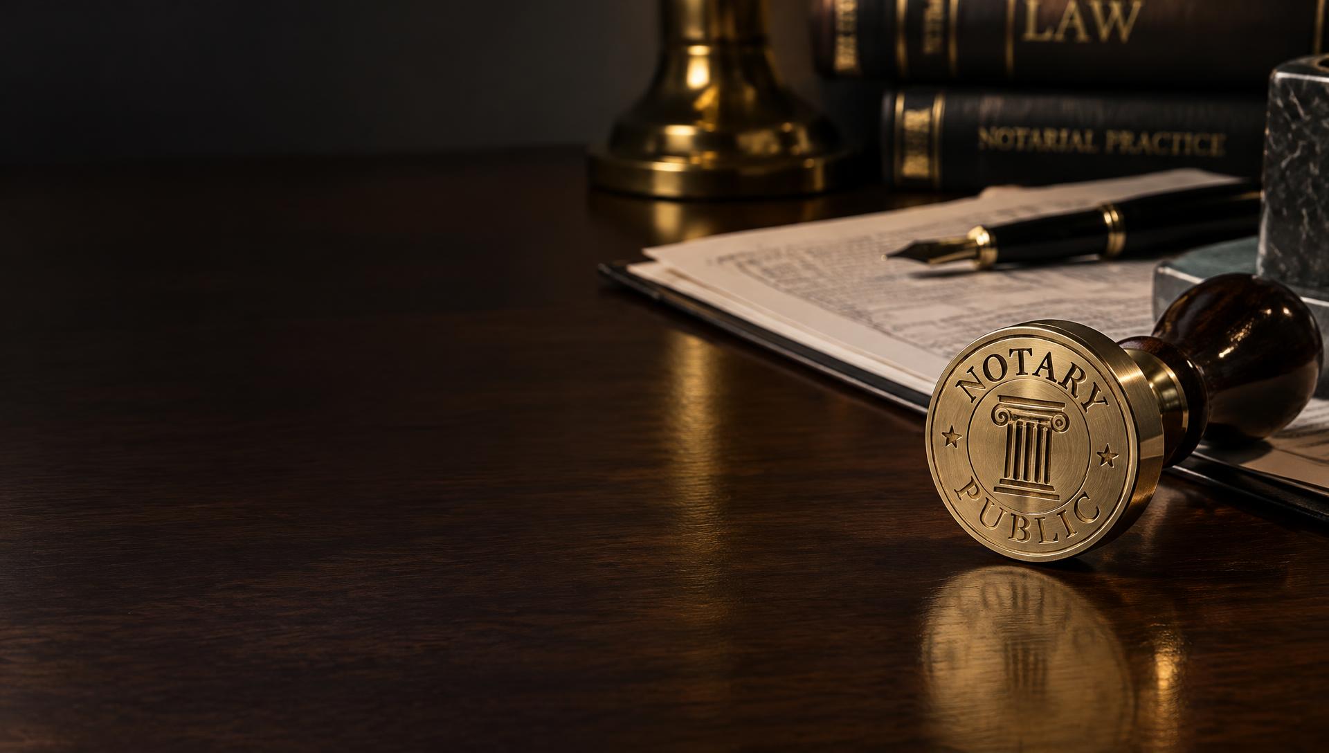 Gold Notary Public stamp on a wood desk